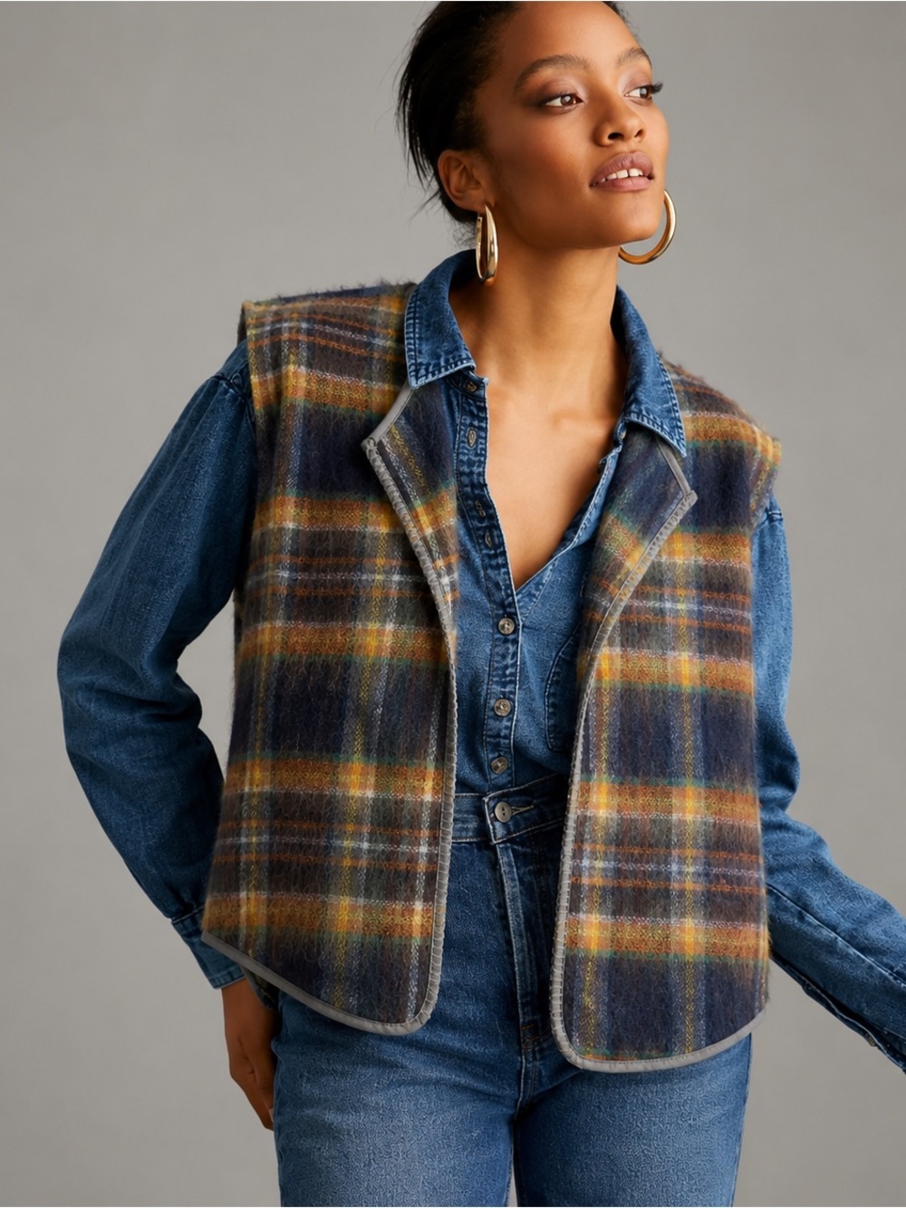 Pilcro Plaid Wool-Blend Vest in Navy and Mustard